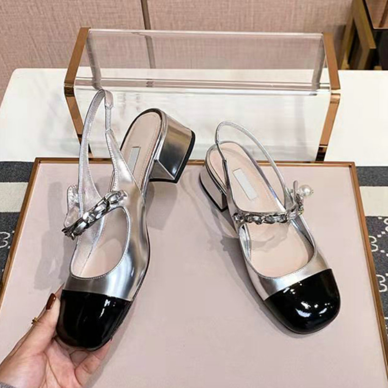 Spring New 2024 New Mary Jane Sandals Square Head Pearl Chain Thick Heel Single Shoe With Empty Back 01a9