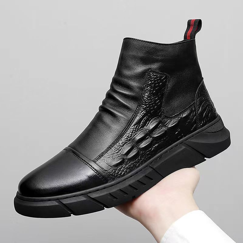 Men Motorcycle Casual Round Toe Hiking Footwear Winter Warm Plush Ankle Boots Man High Top Anti-slip Leather Toog Boot b349