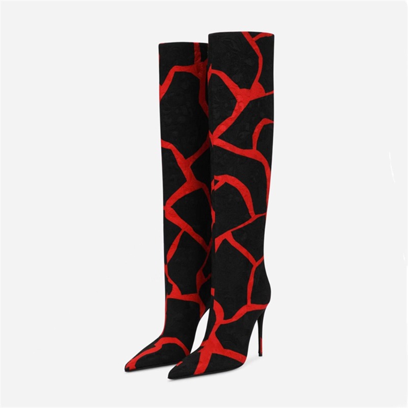 Pointed Thin Heel Leopard Print Long Boots for Women's Fashionable Sexy Mixed Color Knee High Boots Large Size 43 Women's Shoes