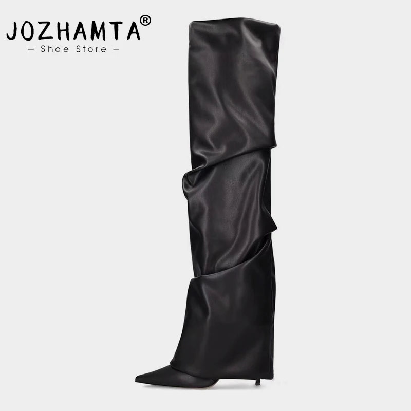 JOZHAMTA Size 34-43 Over Knee Female Pointed Toe Slip On Thin High Heels Pumps Party Shoes Woman Fashion Long Boots