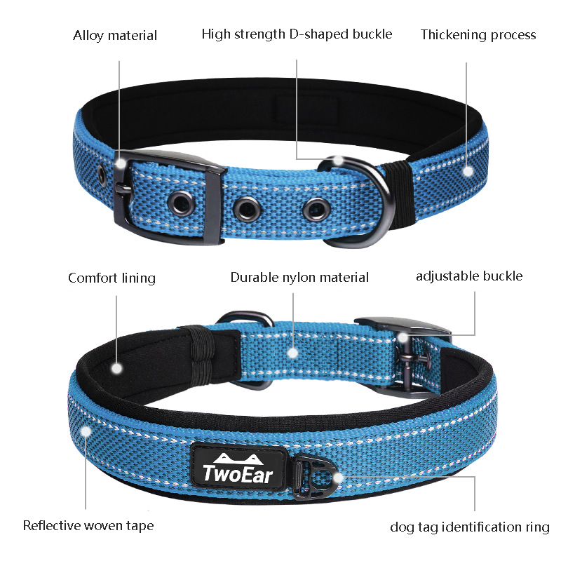 Nylon Reflective Pet Collar,scuba Cloth Lined,adjustable Dog Collar with Alloy Fasteners for Training of Large,medium Small Dogs