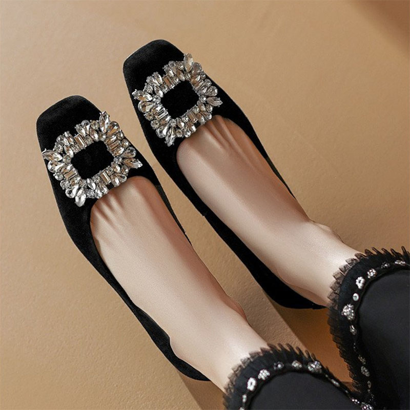 Plus Size 41 Women Pumps Square Toe Boat Shoes Faux Suede Rhinestone High Heels Dress Shoes Black Basic Pump Zapatos Mujer 1308N