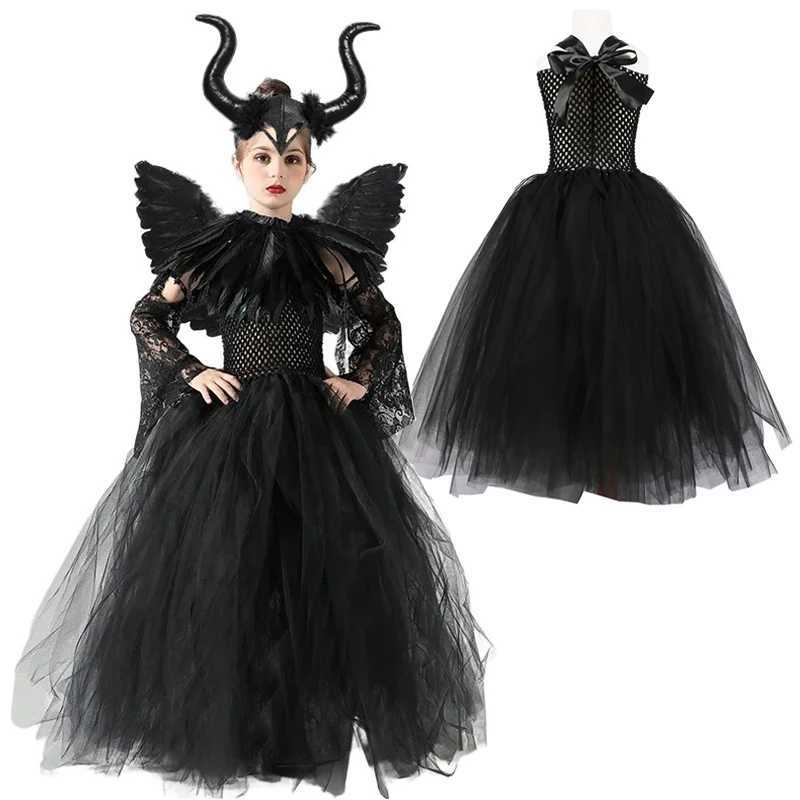 Halloween Costume Maleficent Tutu Dress For Girls Cosplay Evil Queen Black Mesh Princess Dress Kids Crow Wand Maleficent W250117