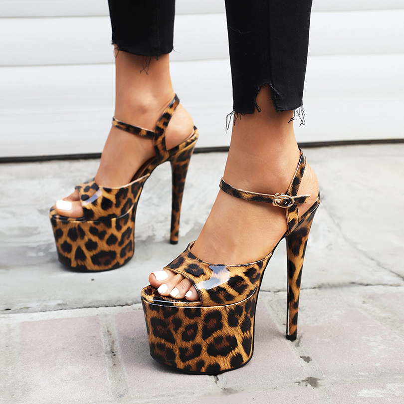 Smooth Patent Leather Material Leopard Print Ultra-High Slim Heel Peep Toe High Heels Platform Party Sexy Women's Sandals 2024