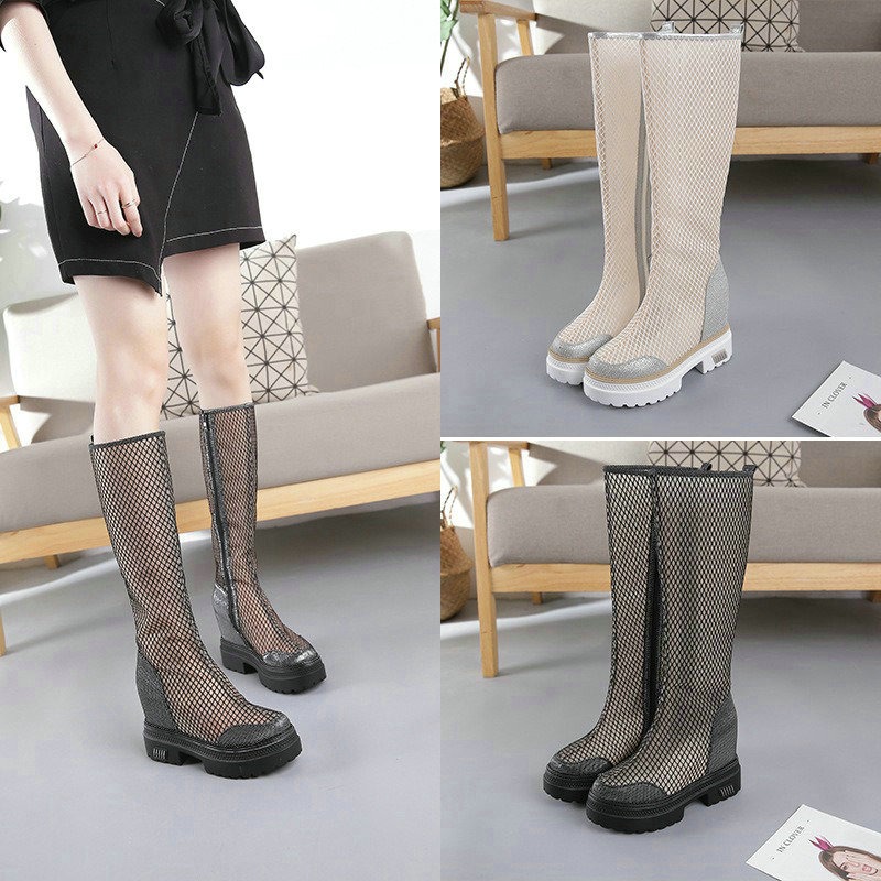 Round 2024 Head High Single Boot Women's Zipper Wedge Heel Mesh Breathable Casual Leather Boots 2150 s