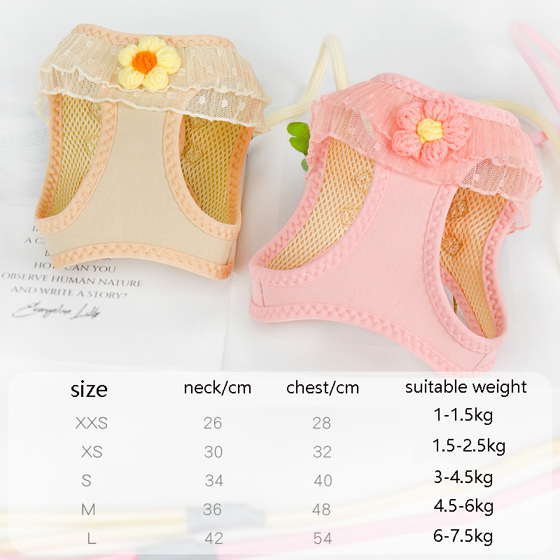 Dog Harness and Leash Set Mesh Pet Harness with 120cm Leash and Flower Lace Decoration Suitable for Cats and Puppies Accessories