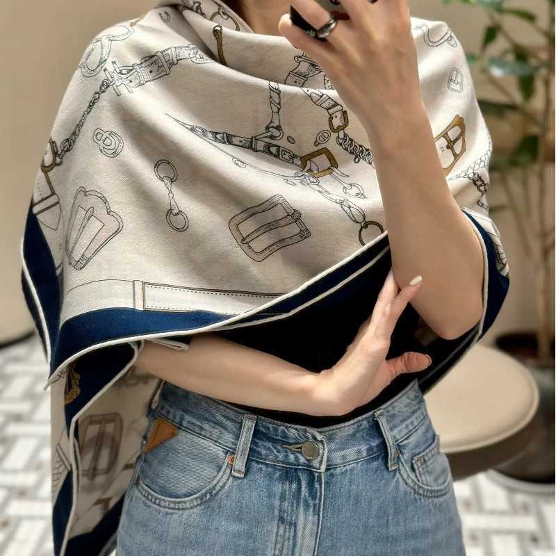 Scarves 140X140CM high-quality womens scarf double-sided printed silk cashmere shoulder bag top square sun head scarf for outdoor warmth J240913