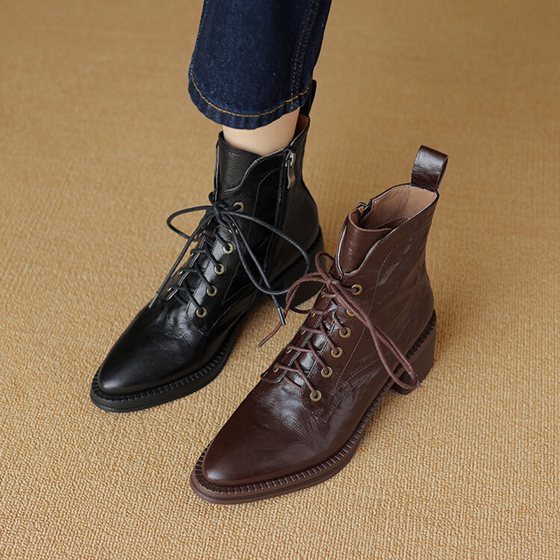 Autumn NEW Genuine Leather for Women Pointed Toe Chunky Heel Shoes Lace-up Ankle Zipper Designer Boots 4a2a