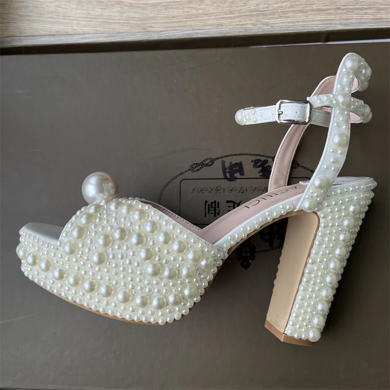 Fully Handmade Pearl Thick Heeled Fish Mouth Sandals Wedding Bride Banquet Fashion Waterproof Platform High Heel Women's Shoes