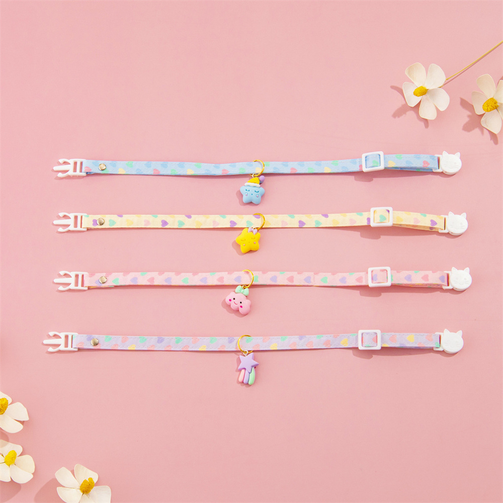 Puppy Collar Adjustable Cute Cat Collar with Macaron Charm and Heart Print Pattern Pet Collar for Cats & Puppies Cat Accessories