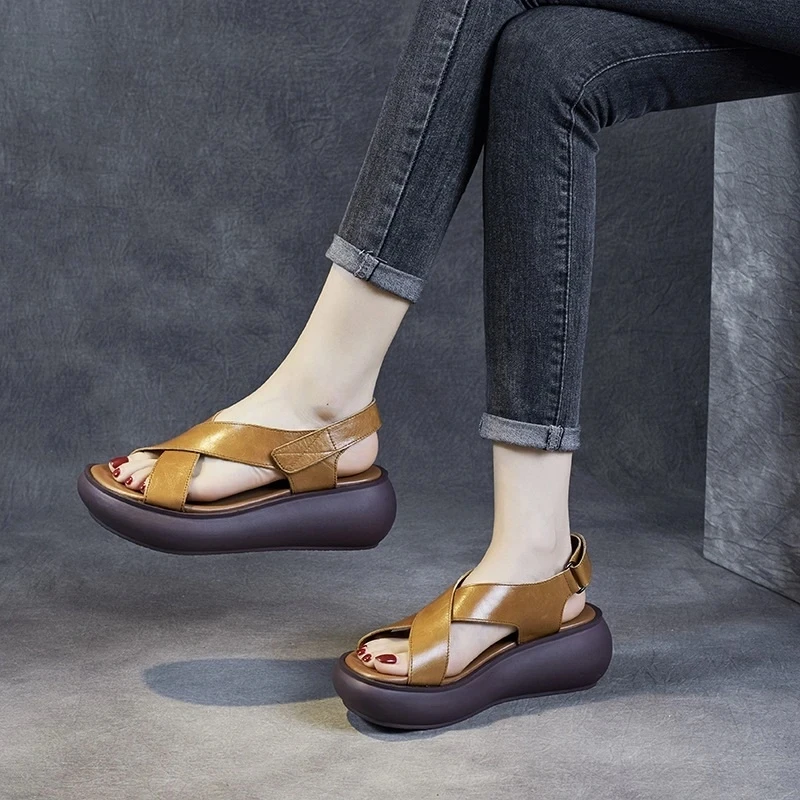 Women's Cross Strap Retro Sandals Soft Leather Platform Summer Thick Sole High Heels Ladies Wedges Shoes For Women Eu 35-40