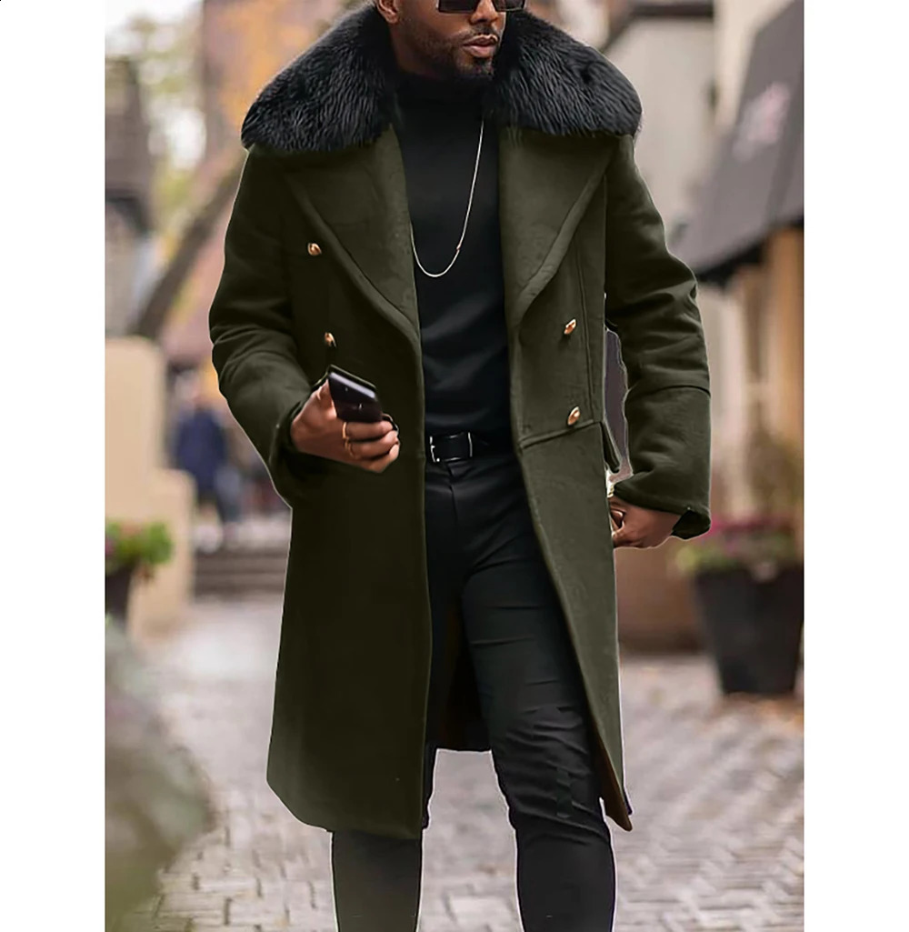 Mens autumn and winter casual wool coat double-layer high-quality fur collar medium length windproof 240912