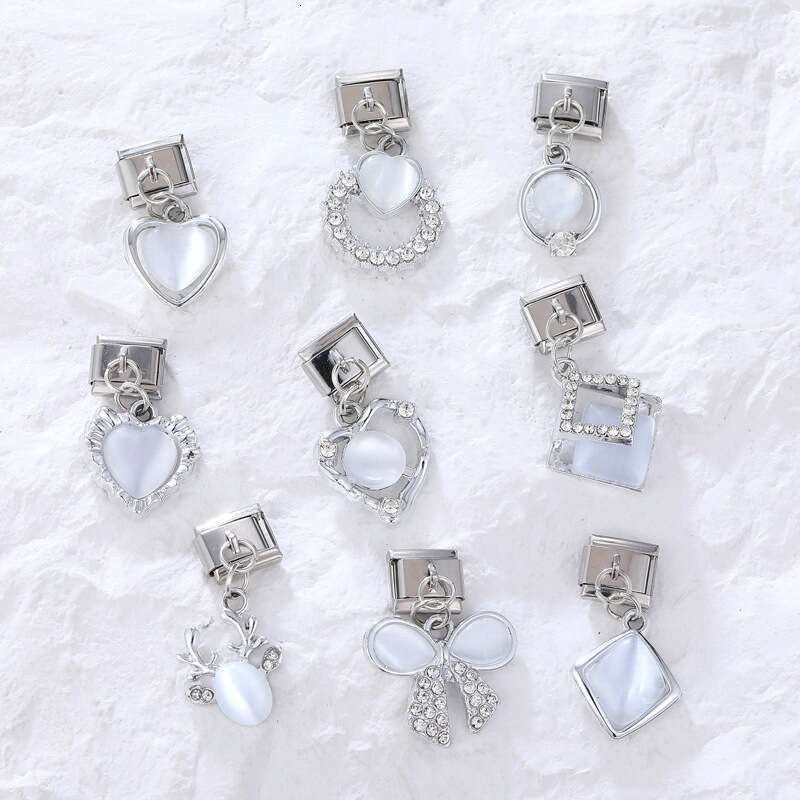 New Women's Gift heart bow with shine stone Pendant Italian Charms Links Bangle Beads Fit 9mm Stainless Steel Bracelet Making DIY For Women Fashi