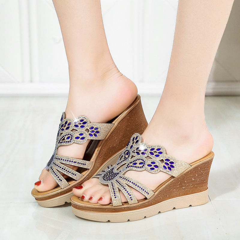 Wedge Plus Size Rhine-drill Fish Mouth High Heels Fashion Muffin Bottom Flip-flops Women Shoes Sandals Ladies Shoes Women