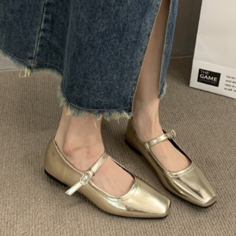 Women's Flats 2024 Summer Mary Janes Shoes Silver Gold Ballet Flats Square Toe Black Woman Shoes Comofrtable Zapatos Mujer 1815N