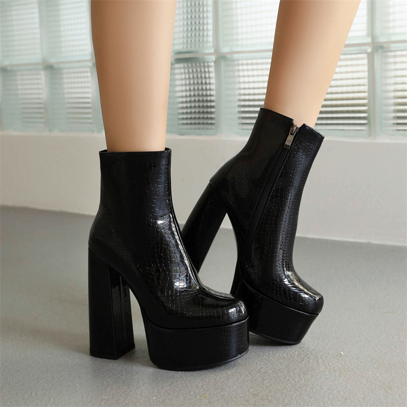 Platform Short Boots Female Winter Sexy High Heels Ankle Boot For Women Snakle Leather Green White Dance Party Shoes Large Size a08c