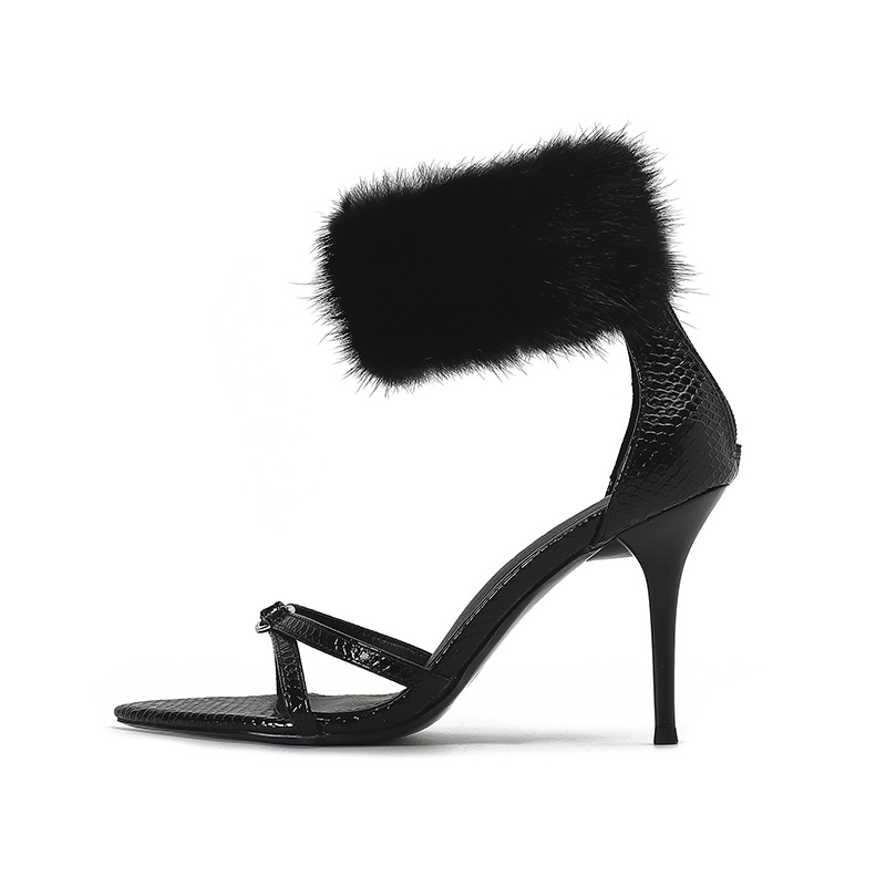 New 9cm High Heels Sandals Women's Thin Heels Sexy Black Fur Pointed Head High Heels - view 7