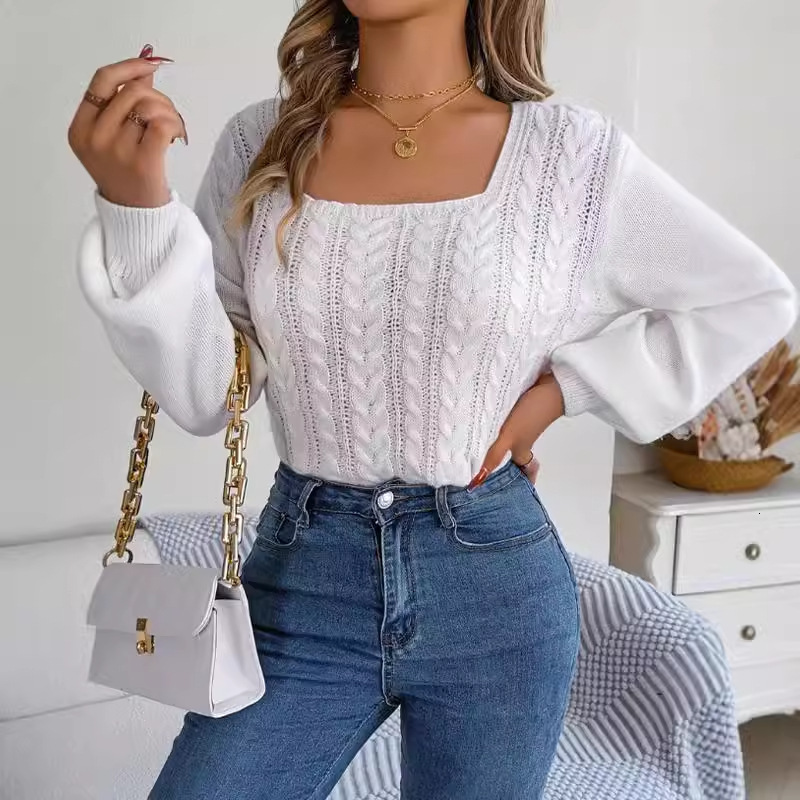 dongdumaoyi New autumn and winter square neck long sleeve pullover sweater solid casual Fried Dough Twists thread knit F0914#42