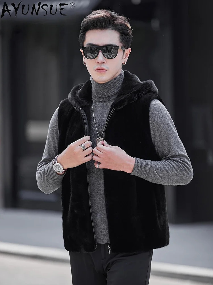 AYUNSUE Real Mink Fur Vest for Men Hooded Winter Autumn Natural Fur Coat Sleeveless Mink Fur Jacket Black Fur Coats 240905
