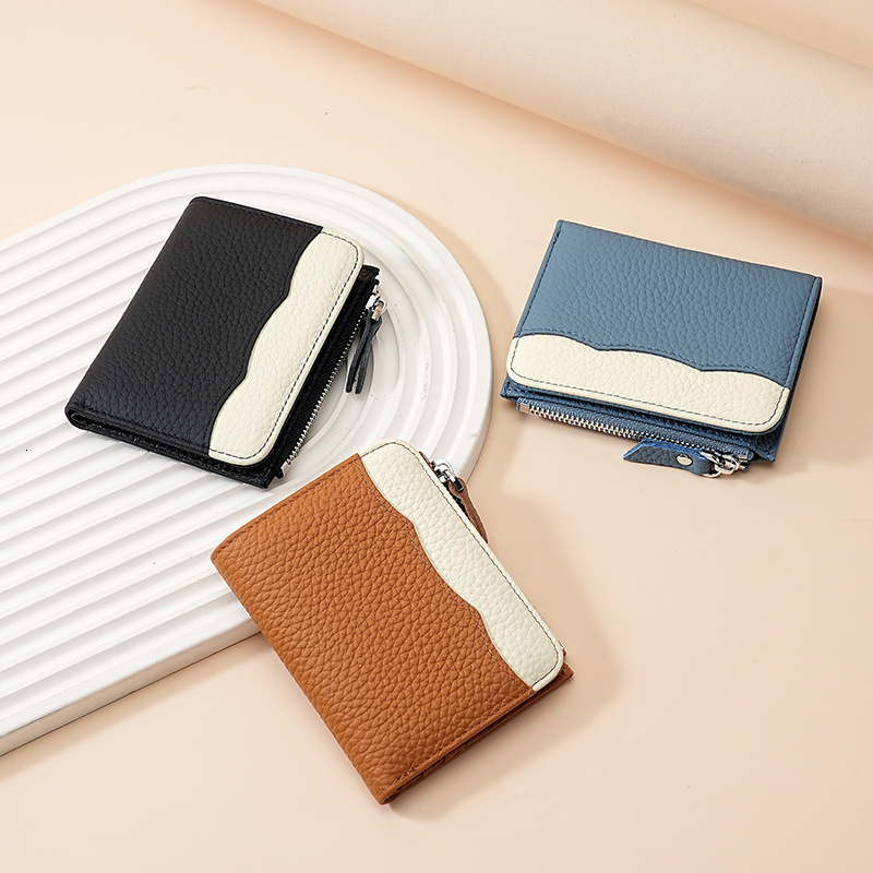 New genuine leather women's with fashionable contrasting color head layer, cowhide zipper, zero wallet, RFID anti magnetic anti-theft brush walle