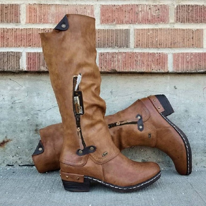 New Women Coffee Brown Boots PU Leather Western Cowboy Boots Deep Side Zipper High Tube Casual Boots Classic Motorcycle Boot