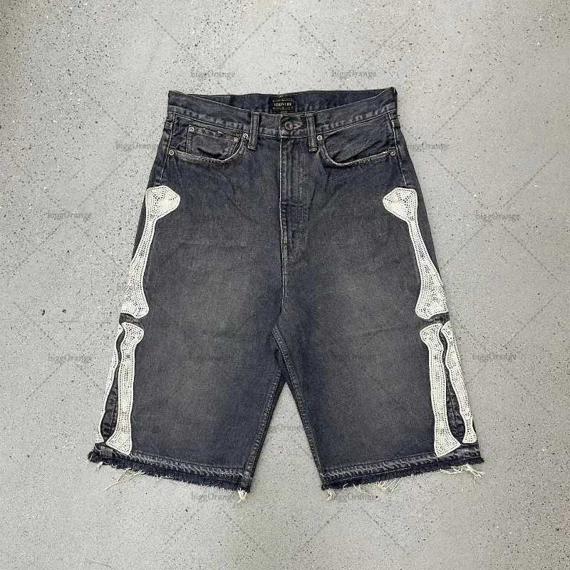2024 European and American Summer Retro Skeleton Denim Shorts Sports Casual Shorts New Couple Wear Street Wear Five-Fifth PantsX240914