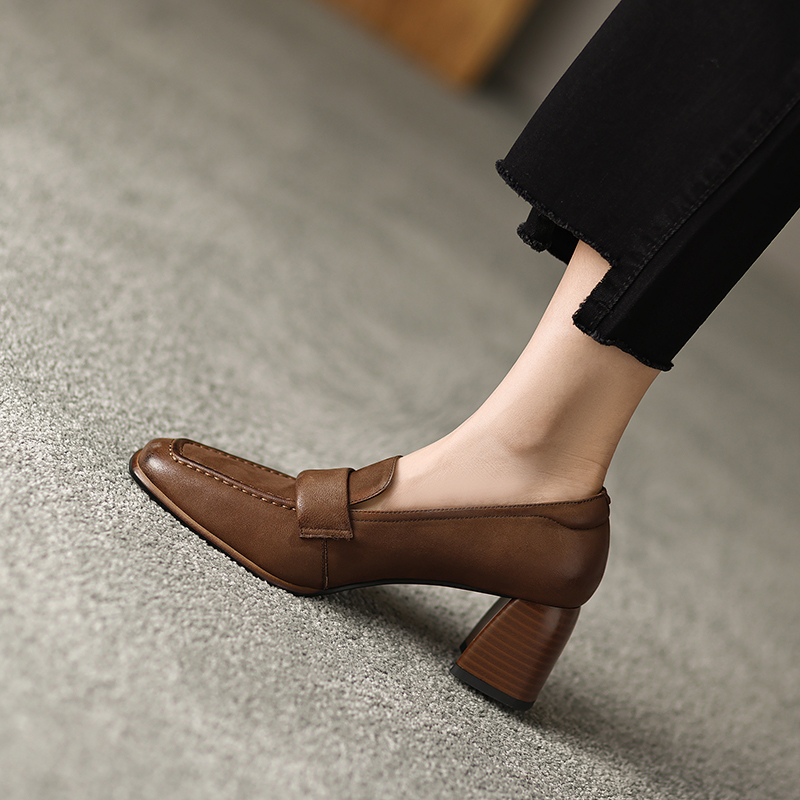 2025 new Spring/Autumn Square Toe High Heels Sheep Skin Chunky Heel Pumps Slip-on Solid Colors Shoes for Women 2a65