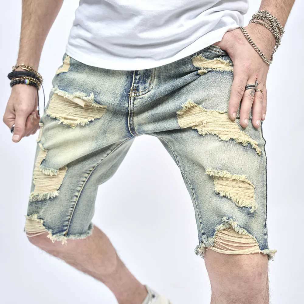 Summer Retro Style Ripped Men Slim Denim Shorts Stylish Cotton Men Street Holes Casual Beach Straight ShortsX240914