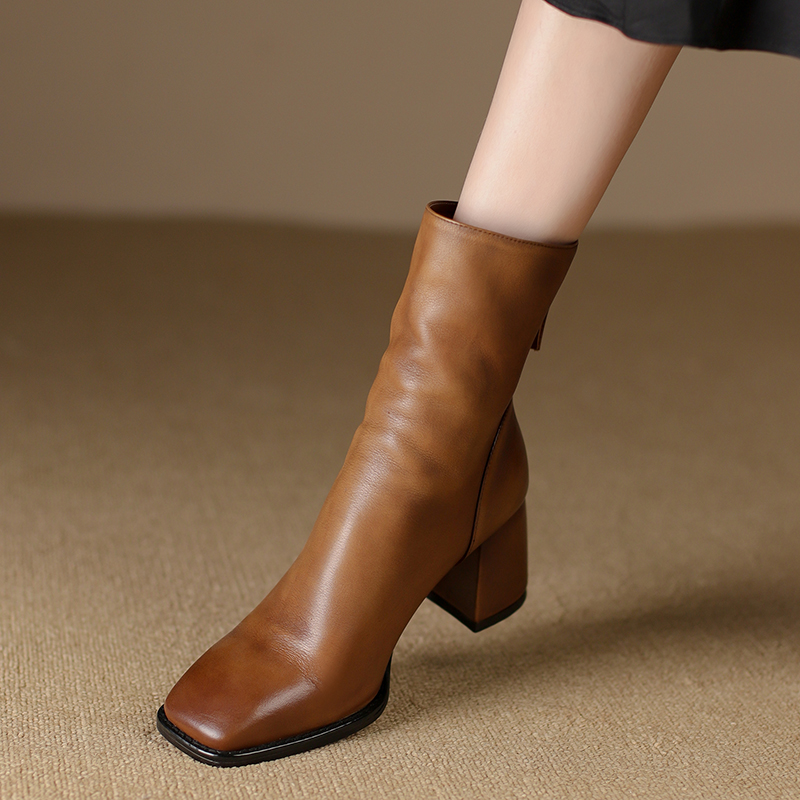 2024 Autumn/Winter Square Toe High Heel Women Shoes Boots Handemade Genuine Real Leather 5644