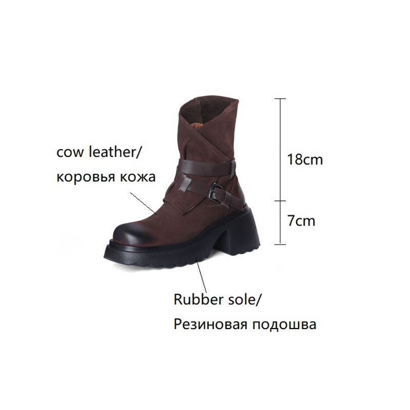 Autumn NEW Genuine Leather Round Toe Platform Belt Buckle Casual Solid Thick Heel Short Boots for Women b61c