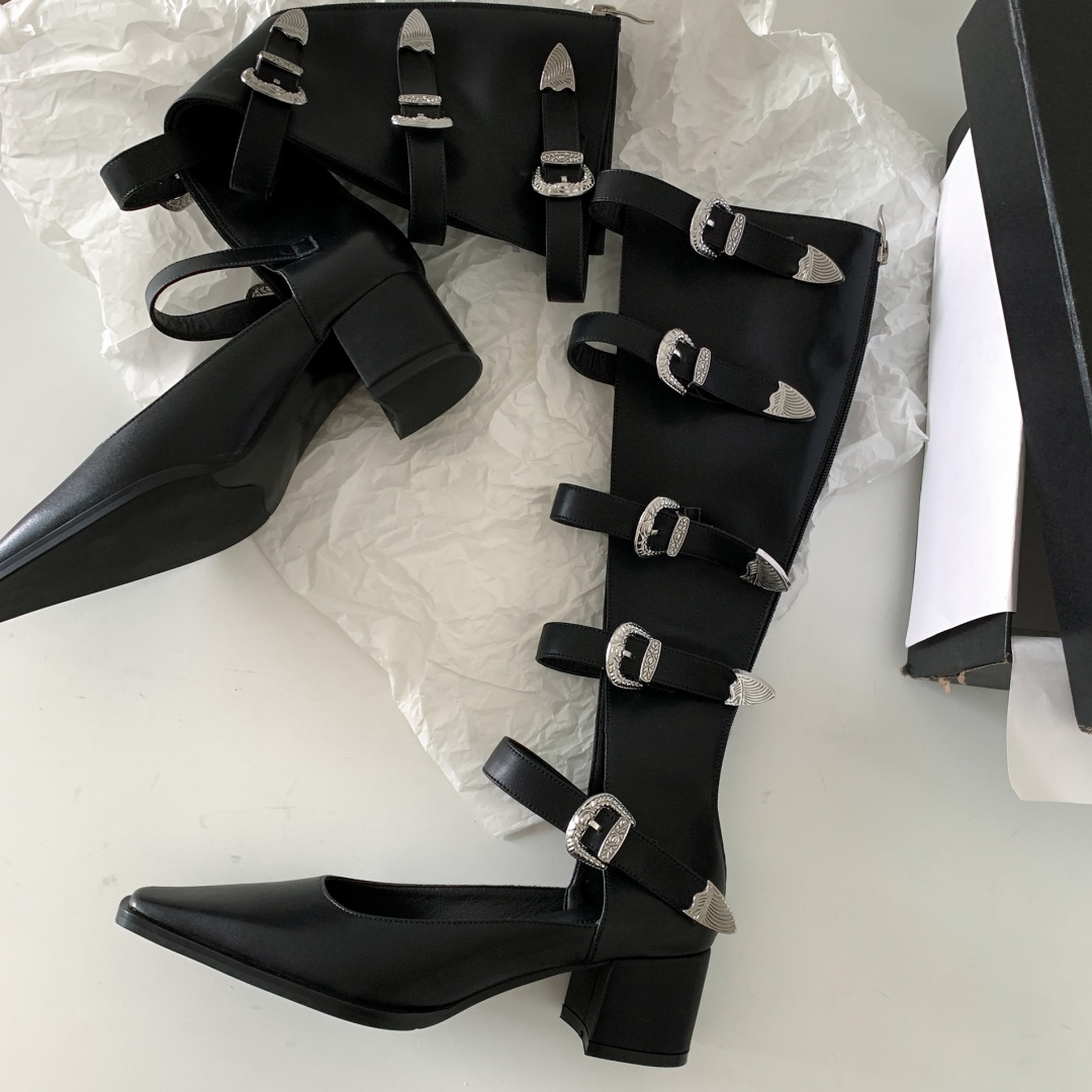 genuine Women's leather metal buckle pointed knee high motorcycle summer square toe 5.5cm thick med heel punk boots b846