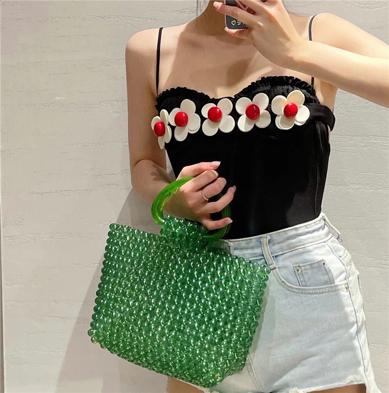 Green transparent crystal bag womens fashionable retro simple handbag beach holiday bead clutch 240913