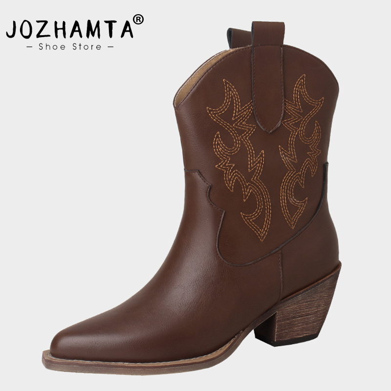 JOZHAMTA Size 34-43 Western Cowboy Boots New Women Genuine Leather Thick High Heels Shoes Winter 2023 Embroidered Cowgirl Ankle Boot