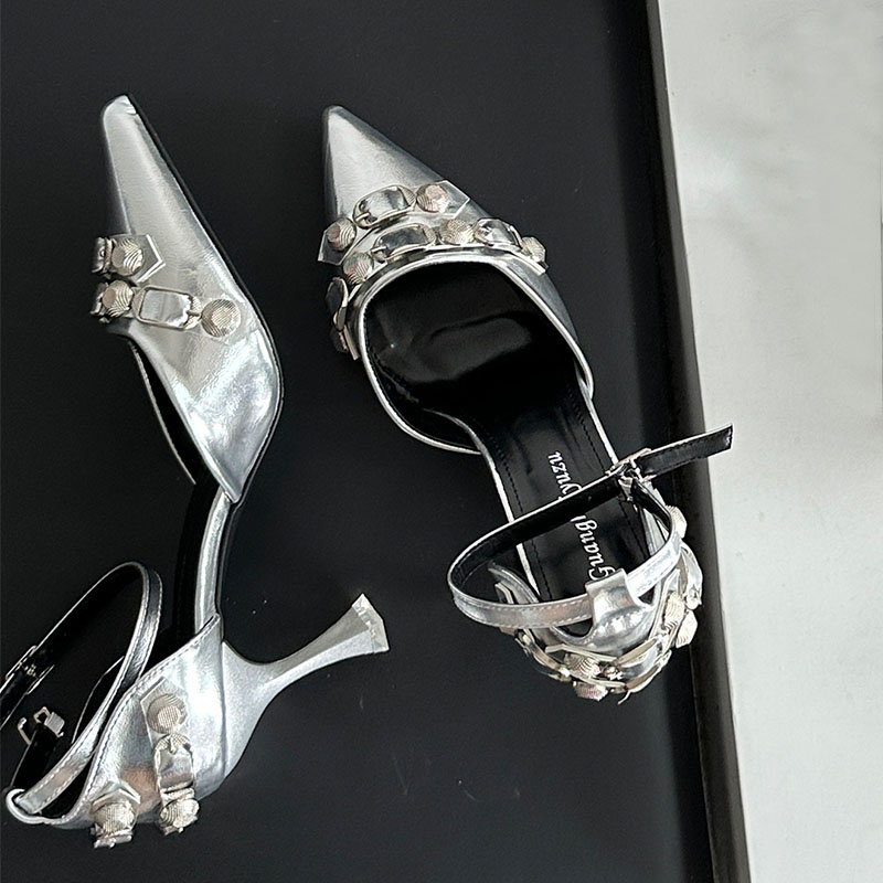 Female Black Designer Metal Rivet Footwear High Heels Pumps For Women Fashion Pointed Toe Ankle Strap Ladies Heeled Shoes 5081