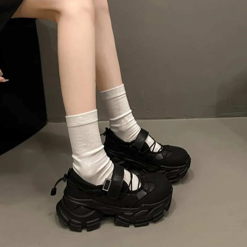 Retro Thick Bottom Mary Jane Shoes Women New Fashion Chunky Heel Women's Sneakers Black Gray Heightening Shallow Single Shoes