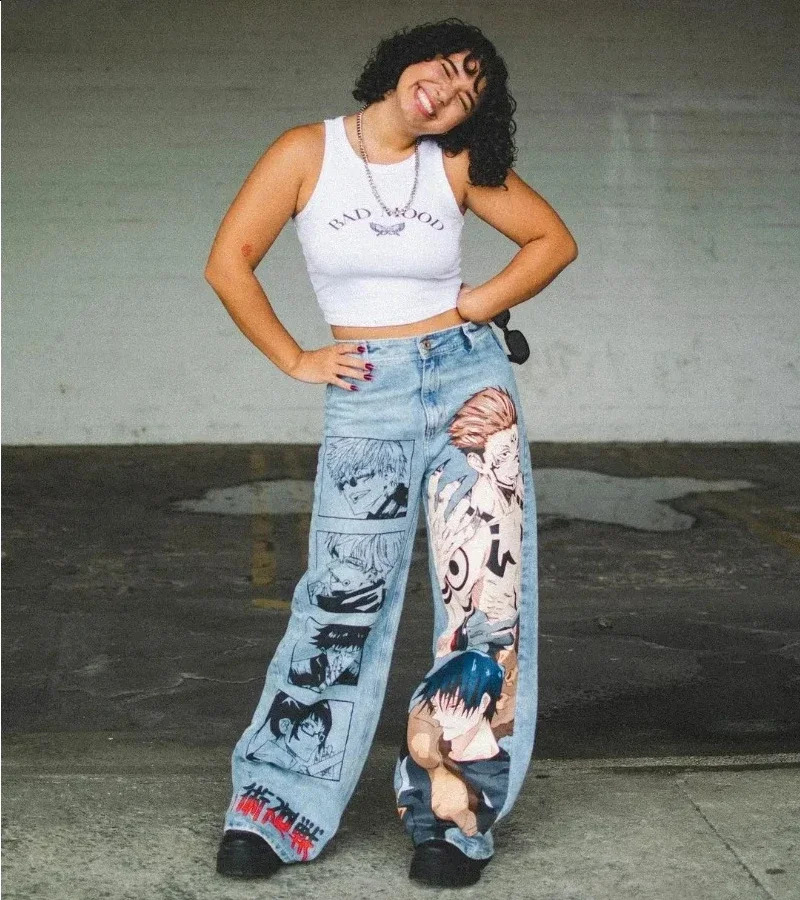 Y2K baggy jeans Anime Harajuku print pattern Vintage Streetwear fashion Hip Hop men women high waisted Casual wide leg 240913