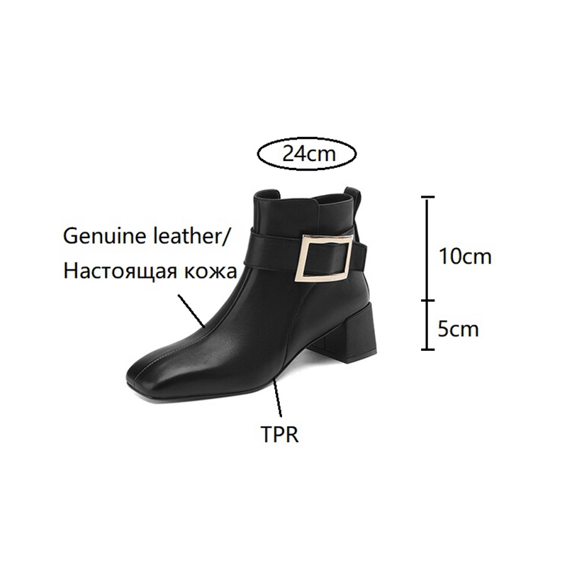 Autumn NEW Genuine Leather for Women Square Toe Chunky Heel Shoes Casual Zipper Modern Retro Black Boots fdd9