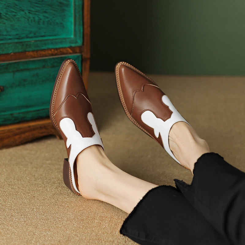 Covered New Summer Toe Slippers Chunky Heel Mules Split Leather for Women Sgback Sandals Handmade Shoes 8823