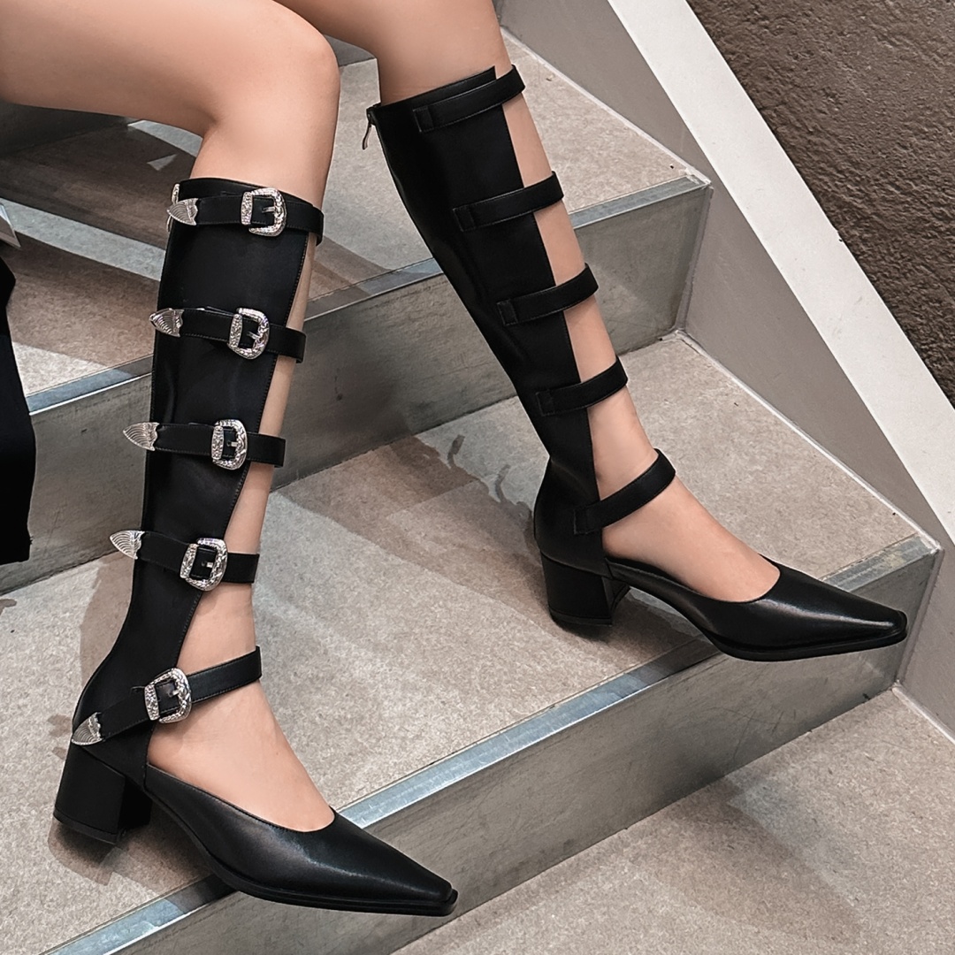 genuine Women's leather metal buckle pointed knee high motorcycle summer square toe 5.5cm thick med heel punk boots b846