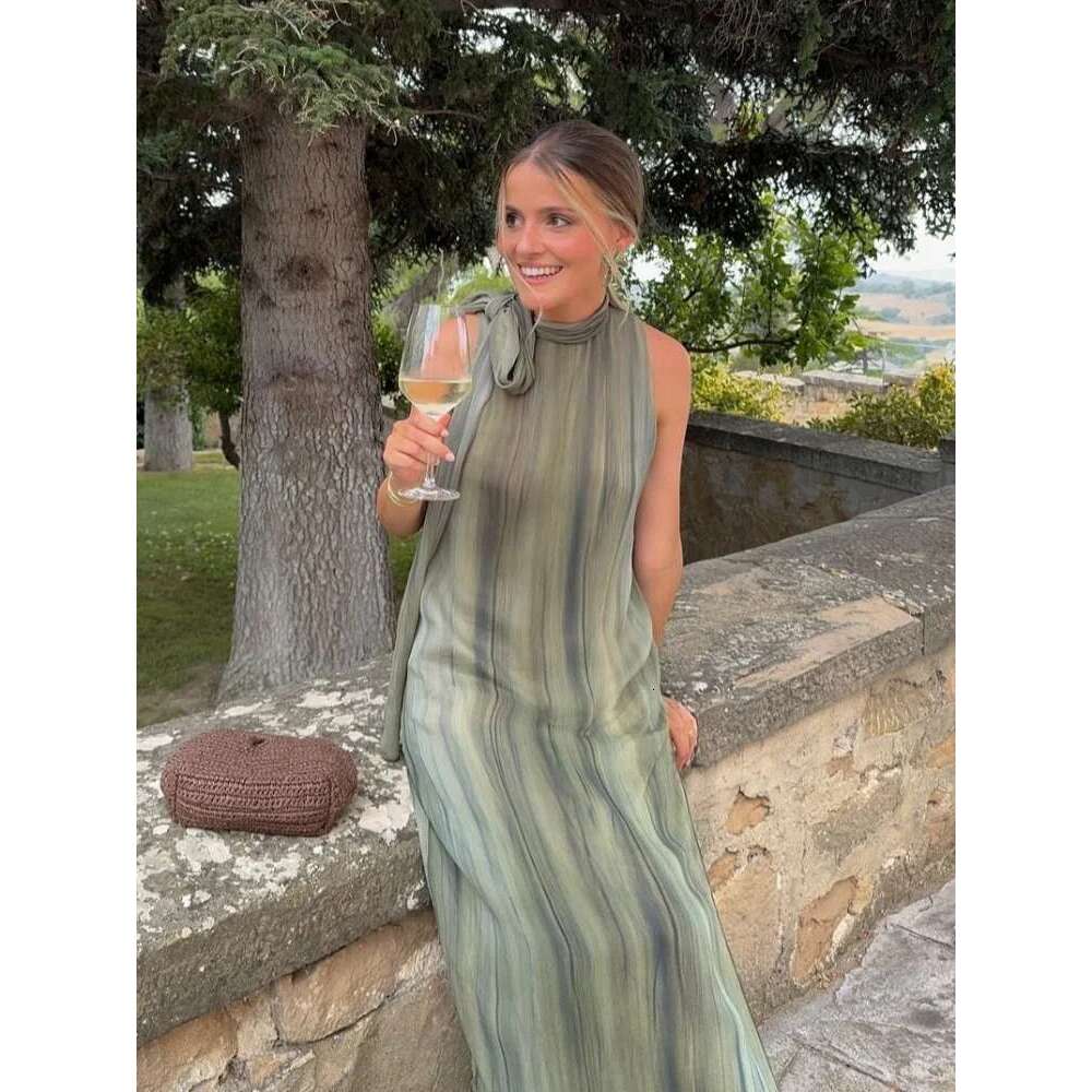 Elegant Sleeveless Lace Up Halter Maxi Dress Women Casual Round Neck Hollow Out Side Slit Dresses Summer Lady High Streetwear