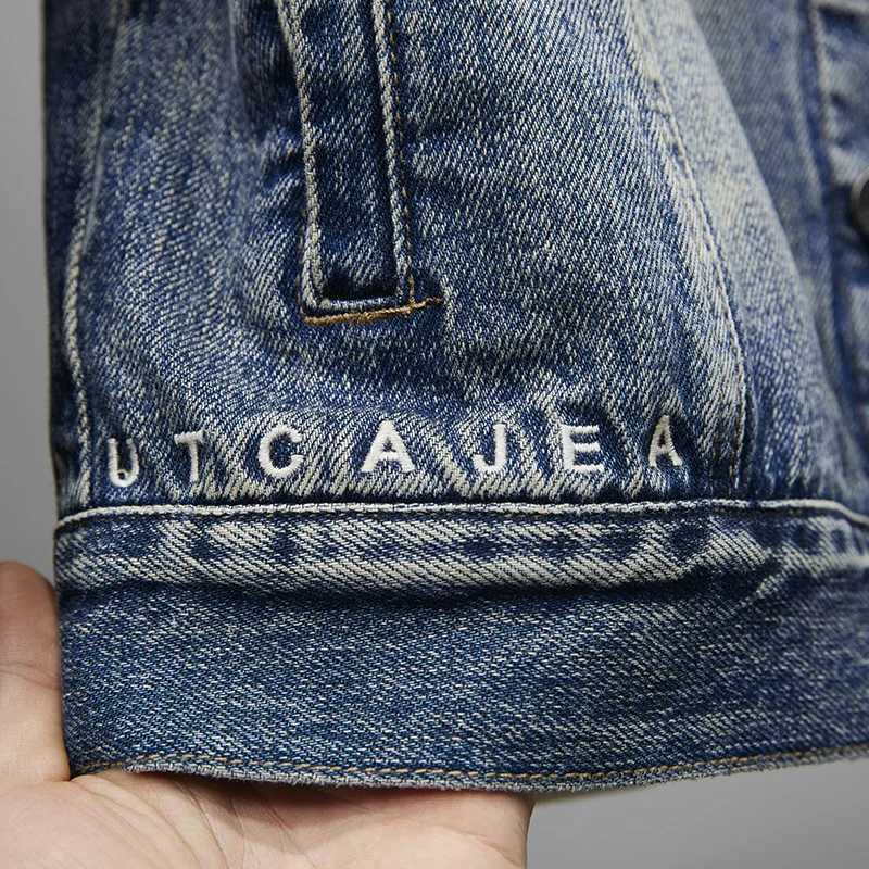 2024 New Retro Blue Denim Jacket Simple Personalized Design Trend Mens Jacket Thin Handmade Mens Top W240914
