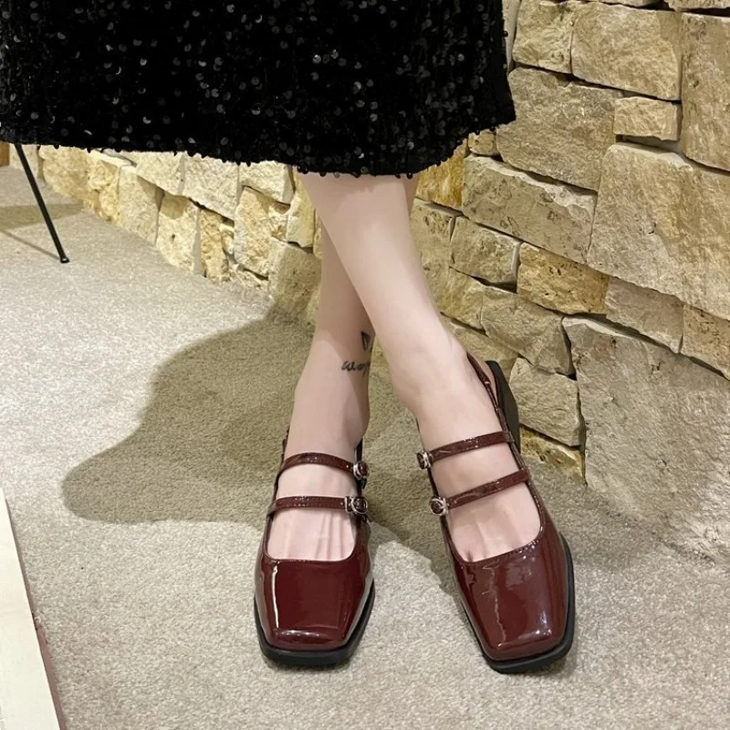 Women's Sandals Summer 2024 New Patent Leather Square Toe Buckle Sexy Mary Jane Party Ladies Back Strap Designer Shoes