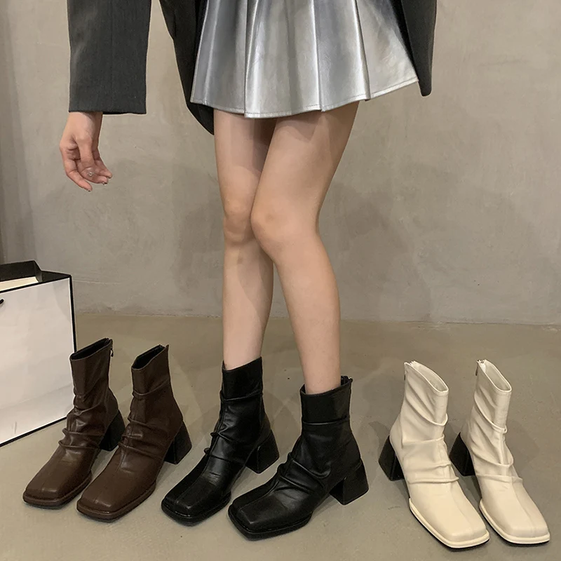 Winter Autumn Women Ankle Boots Fashion Toe Back Zippers Shoes Vintage Square Heels Ladies Short Booties 4fb7