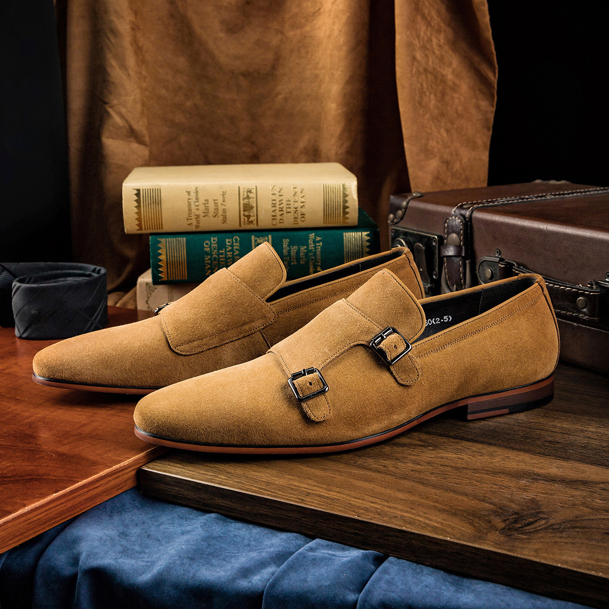 New Cow Suede Double Buckle Monk Shoes Yellow Breathable Men Casual Shoes Handmade Zapatos De Hombre Men Shoes
