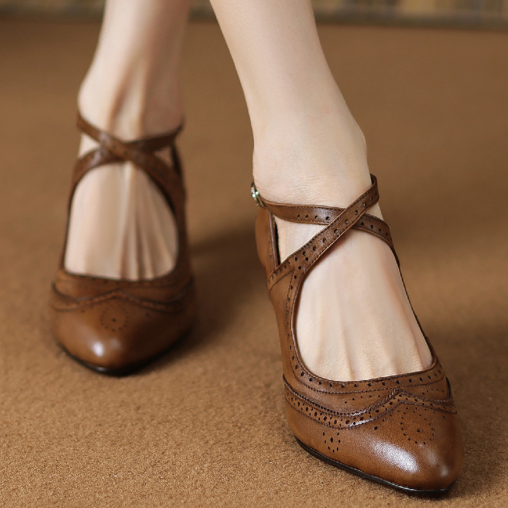 Women's genuine leather thin high heel cross strap carving british style elegant ladies retro daily slim dress pumps shoes