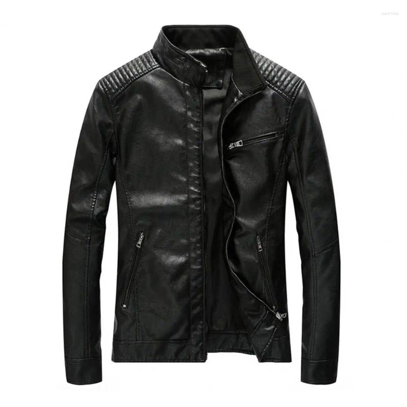 Men's Jackets Men Jacket Faux Leather Stand Collar Pleated Shoulder Long Sleeve Zipper Placket Coat Slim Fit Solid Color Thin Out
