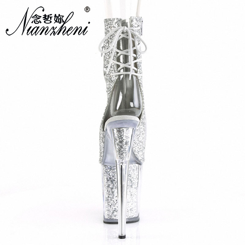 Gothic Peep Toe Strip Pole Dance High Heels Bling Sequin Platform Ankle Boots 20cm Gold Women Shoes Big Size Exotic Crossdresser
