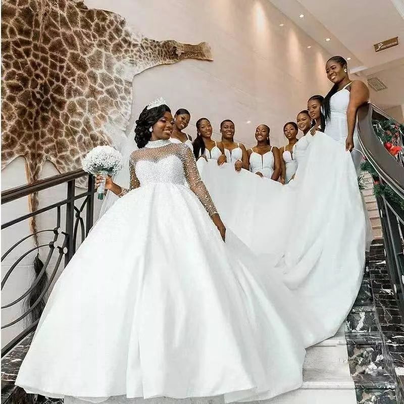 Aso Ebi Luxury African Wedding Dresses 2025 High Neck Beads Sequins Long Sleeves Bridal Gowns Customed Vestidos De Novia Ball Gown