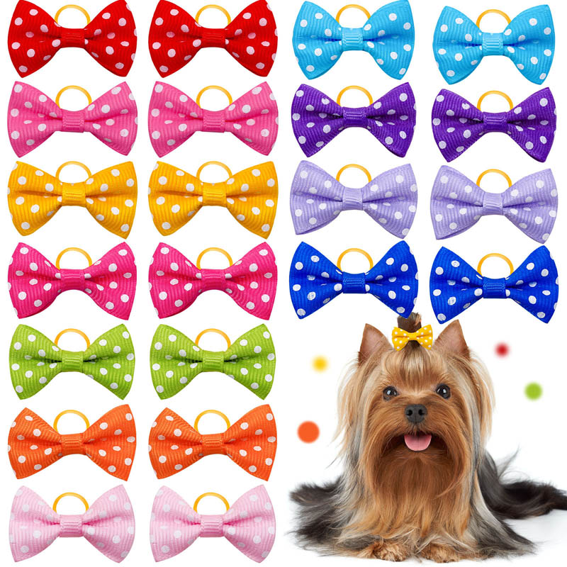20pcs New Solid Color Polka Dot Bow Leather Band Headdress Cat Hair Decoration Holiday Dress Up Puppy Grooming Pet Accessories