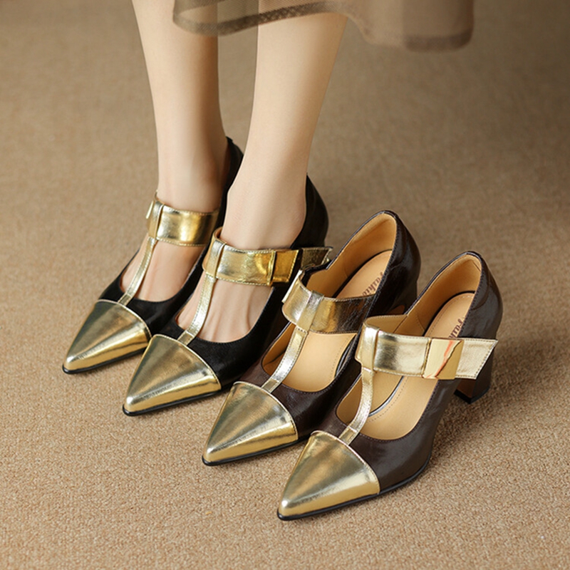 Spring/Autumn NEW Pumps Genuine Leather for New Women Pointed Toe Chunky Buckle High Heel Mary Janes Shoes 18ec